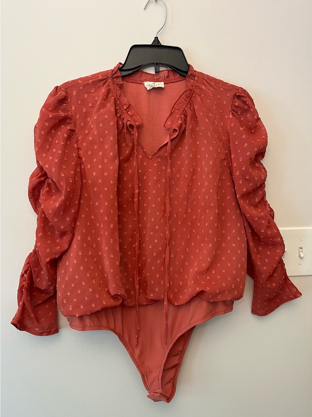 EMBER Pink Rose Textured Clip Dot Ruched V-Neck Blouse bodysuit Size XL EUC